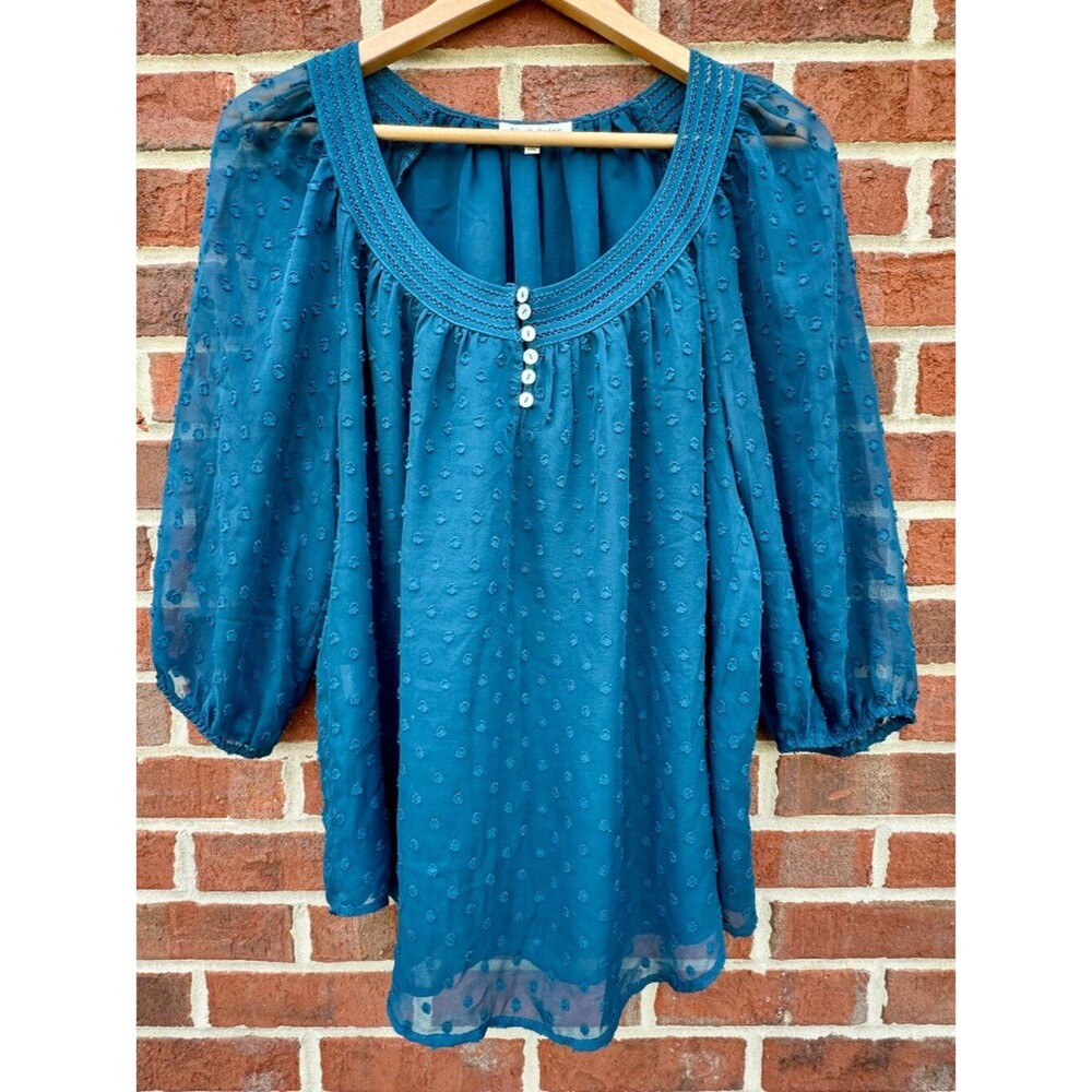 Black Rainn Blouse Large Teal Blue Swiss Dot Balloon Sleeves Flowy Romantic Boho